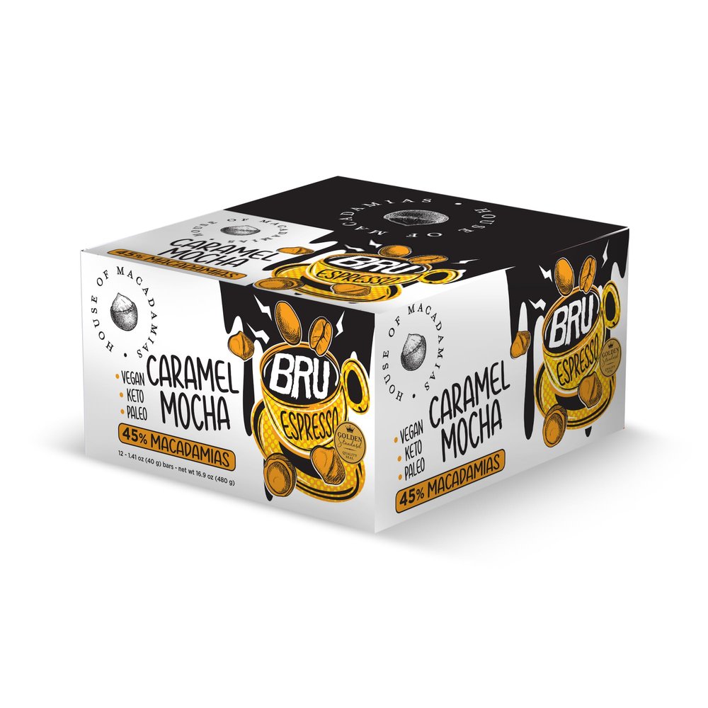 House of Macadamias BRU Bar, 50 mg Caffeine per bar, Espresso, Sugar Free, Caramel Mocha, Plant Based, Keto, Low Carb, Vegan, Paleo, Dairy free, Gluten-free, 12 x 1.4oz