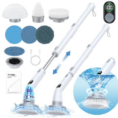 LABIGO Electric Spin Scrubber LA4 Pro, Dual Speed Bathroom Scrubber with Display & 6 Replacement Cleaning Heads, Cordless Power Scrubber with Adjustable & Detachable Handle for Bathroom Floor Tile