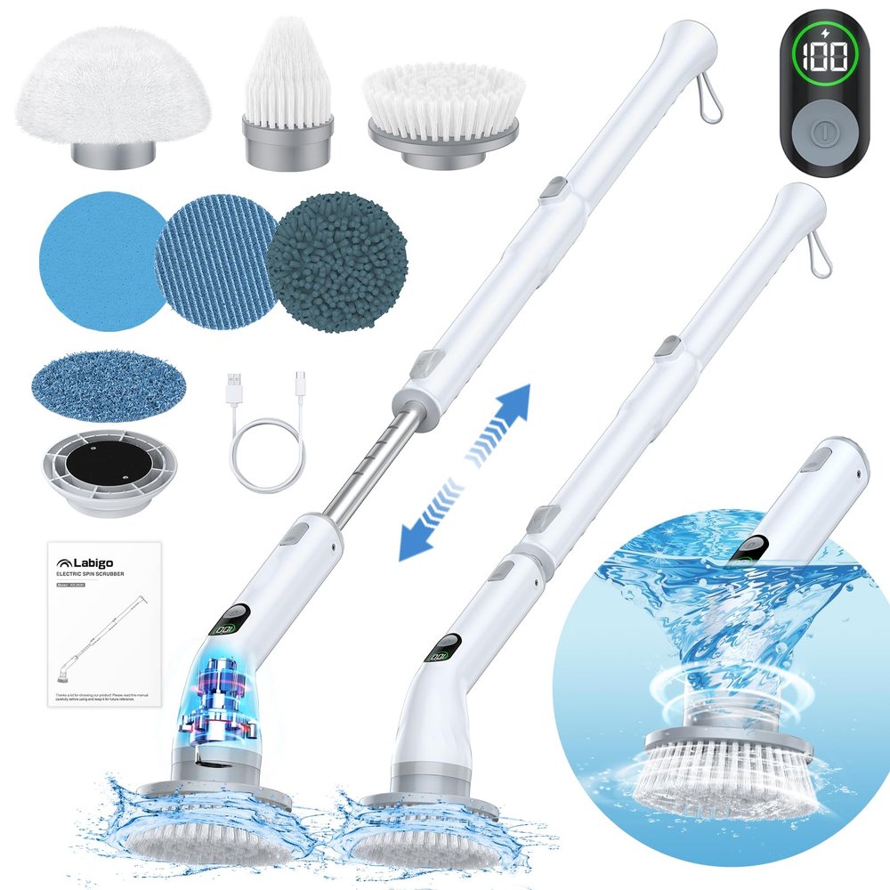 LABIGO Electric Spin Scrubber LA4 Pro, Dual Speed Bathroom Scrubber with Display & 6 Replacement Cleaning Heads, Cordless Power Scrubber with Adjustable & Detachable Handle for Bathroom Floor Tile