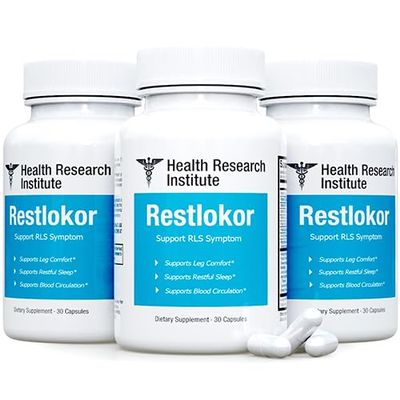 Restlokor - Restless Legs Support-Health Research Institute- 3 Bottles - 90 Capsules-Improved Formula-Official