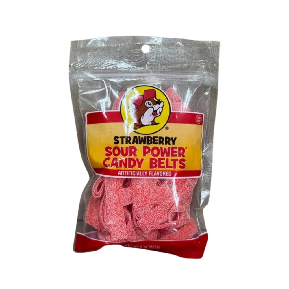 Buc-ees Sour Power Candy Belts  Deliciously Sweet & Tangy, Chewy Gummy Candy & Sour Candy | Non-Melting, Fruity & Extra Sour Strips | Kids Snacks for School 8 Ounce Resealable Bag (Strawberry)
