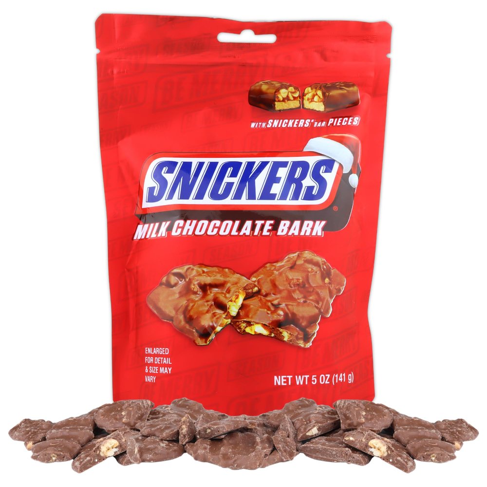 Morris National Inc Milk Chocolate Bark with Candy Bits, Festive Holiday Candies, Stocking Stuffer Treats, Resealable Bag, 5 Ounces (Snickers)