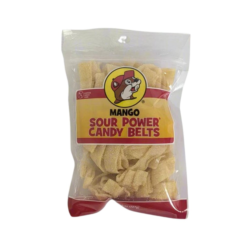 Buc-ees Sour Power Candy Belts  Deliciously Sweet & Tangy, Chewy Gummy Candy & Sour Candy | Non-Melting, Fruity & Extra Sour Strips | Kids Snacks for School 8 Ounce Resealable Bag (Mango)