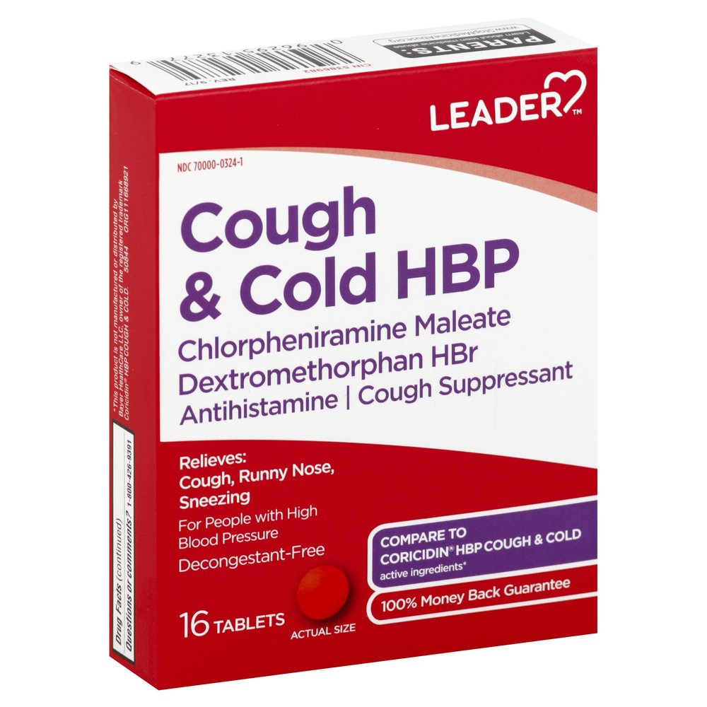 Leader Cough and Cold HBP Medicine, Decongestant-Free Antihistamine, Cough Suppressant - Relieves Cough, Runny Nose, Sneezing and Cold Symptoms for People with High Blood Pressure, 16 Tablets, 3 Pack
