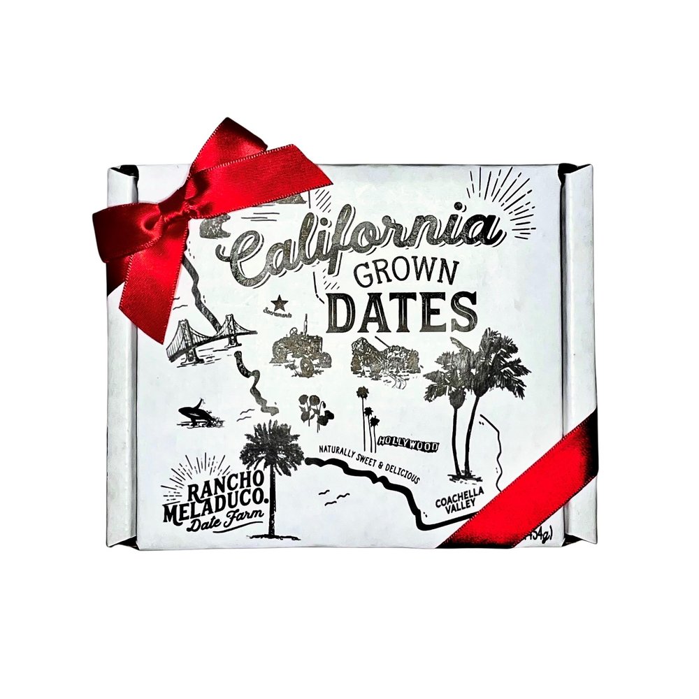 Rancho Meladuco Date Farm 1 lb. Box with Red Satin Ribbon | Contains Whole, Un-Pitted, Organic, California-Grown Medjool Dates | Fresh, Sweet & Delicious | Great for Holidays, Gifts & Special Occasions