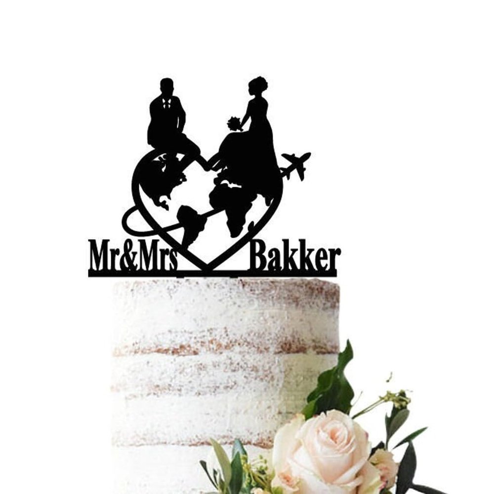 TiTaicor Wedding cake topper Bride and groom sitting on a globe,globe couple Wedding Cake Topepr,Travel Bride and groom Silhouette,Travel Wedding Party Cake Insert Kitchen Supplies Baking Cake.
