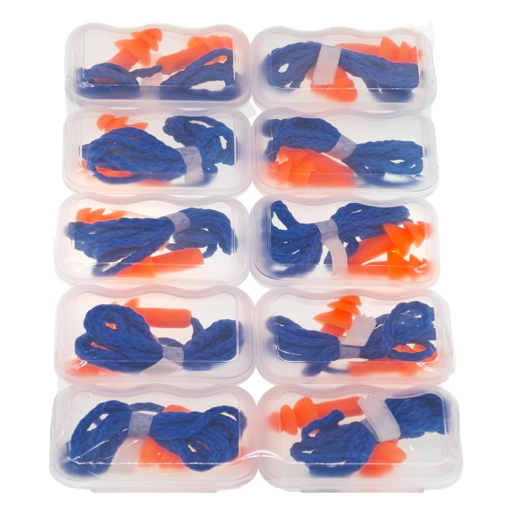 10 Pairs Corded Silicone Ear Plugs - with Plastic Carry Cases - Reusable Noise Cancelling Earplugs for Hearing Protection - Shooting Range Noise Reduction, Construction Work, Hunting Ear Protection