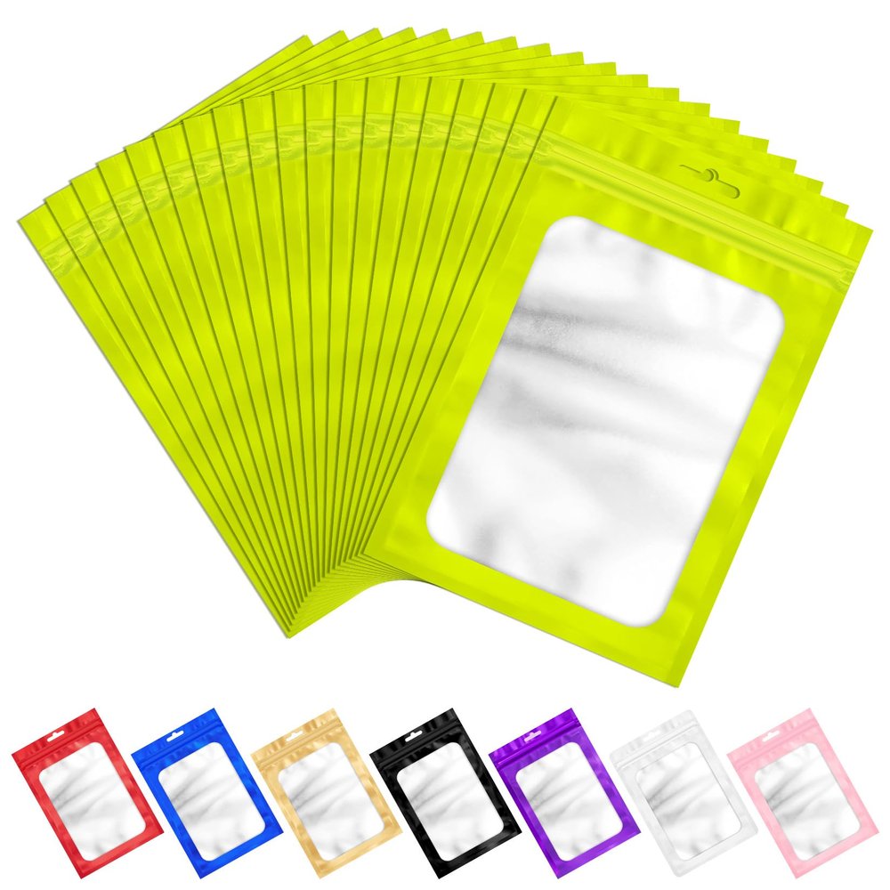 100 Pcs Resealable Mylar Bags with Frosted Clear Window Bags Packaging Bag Foil Pouch Zipper Bag for Food Self Sealing Storage Supplies (7.08x10.24 inches, Green)