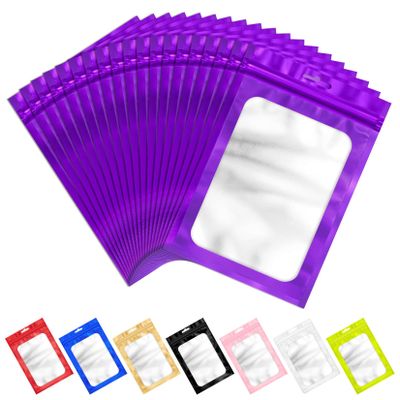 100 Pcs Resealable Mylar Bags with Frosted Clear Window Bags Packaging Bag Foil Pouch Zipper Bag for Food Self Sealing Storage Supplies (4.72x7.87 inches, Purple)