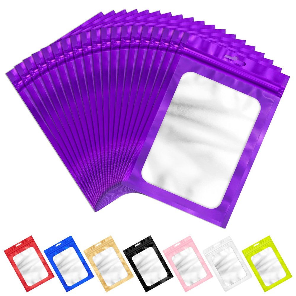 100 Pcs Resealable Mylar Bags with Frosted Clear Window Packaging Bags Foil Pouch Zipper Bag for Food Self Sealing Storage Supplies (5.51x7.87 inches, Purple)