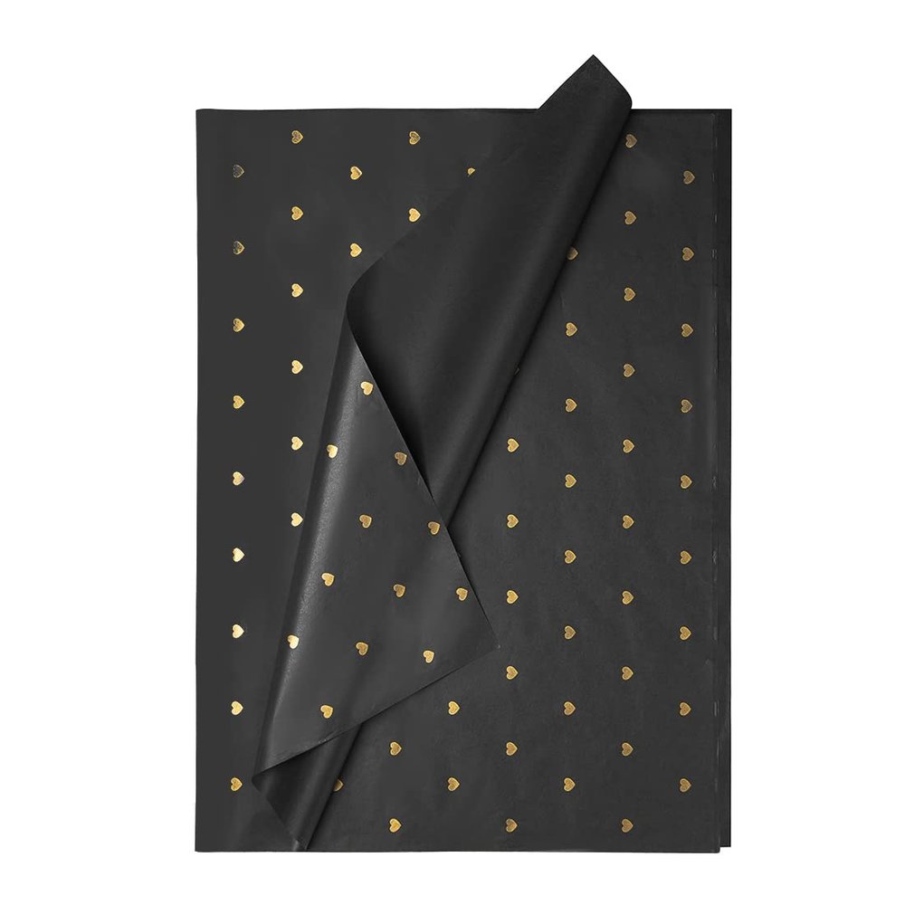 Large Black and Metallic Gold Gift Wrapping Tissue Paper, Floral wraping paper,Heart Printed Gifts Wrap Paper Birthday,Wedding,Baby Shower,Father's Day Art Craft Decoration (6 Black + Gold Heart)