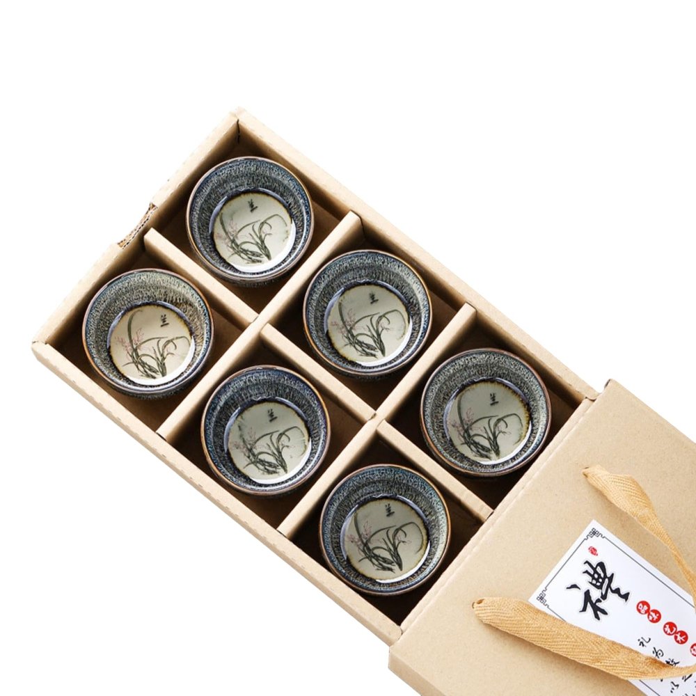 50ml/1.5oz Creative Tea Master Kung Fu Tea Set Retro Kiln Transformation Tea Cup Gift Box-6 Orchids - Gift Box