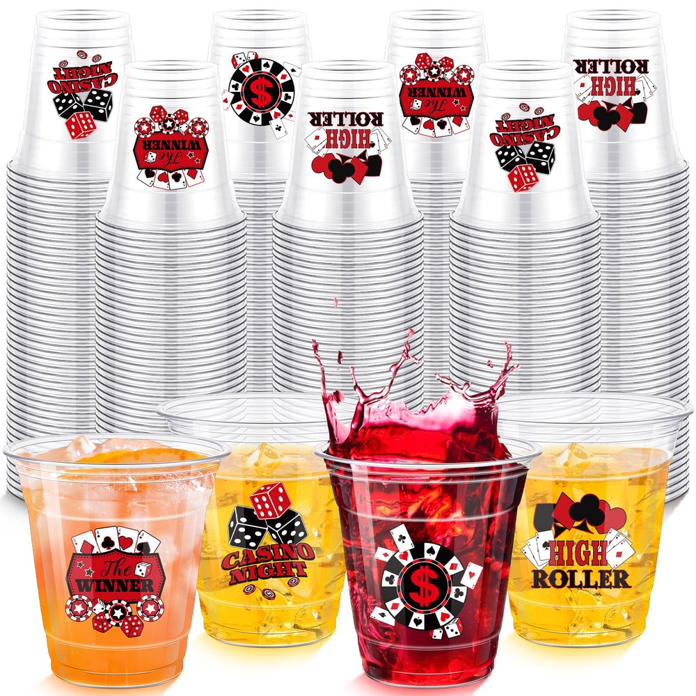 Pickmesh 200 Pack Casino Disposable Plastic Cups Bulk 10 oz Clear Plastic Disposable Tumbler Cups for Party Supplies Decorations