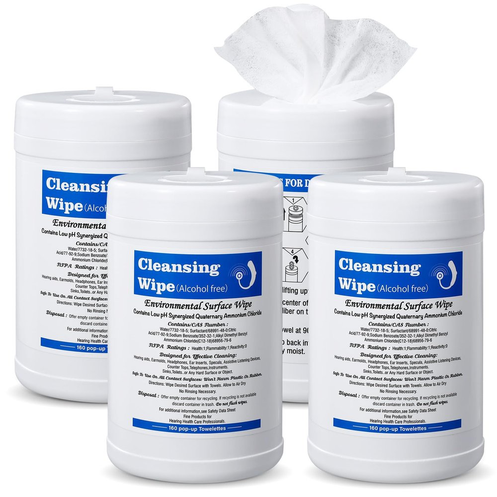 Threlaco 4 Pack Hearing Aid Wipes 640 Counts Large Canister Cleaning Towelettes 160 Per Canister for Hearing Aids Cleaner Wipes for Earwax Earbuds Sweat Earplugs Amplifier Removal