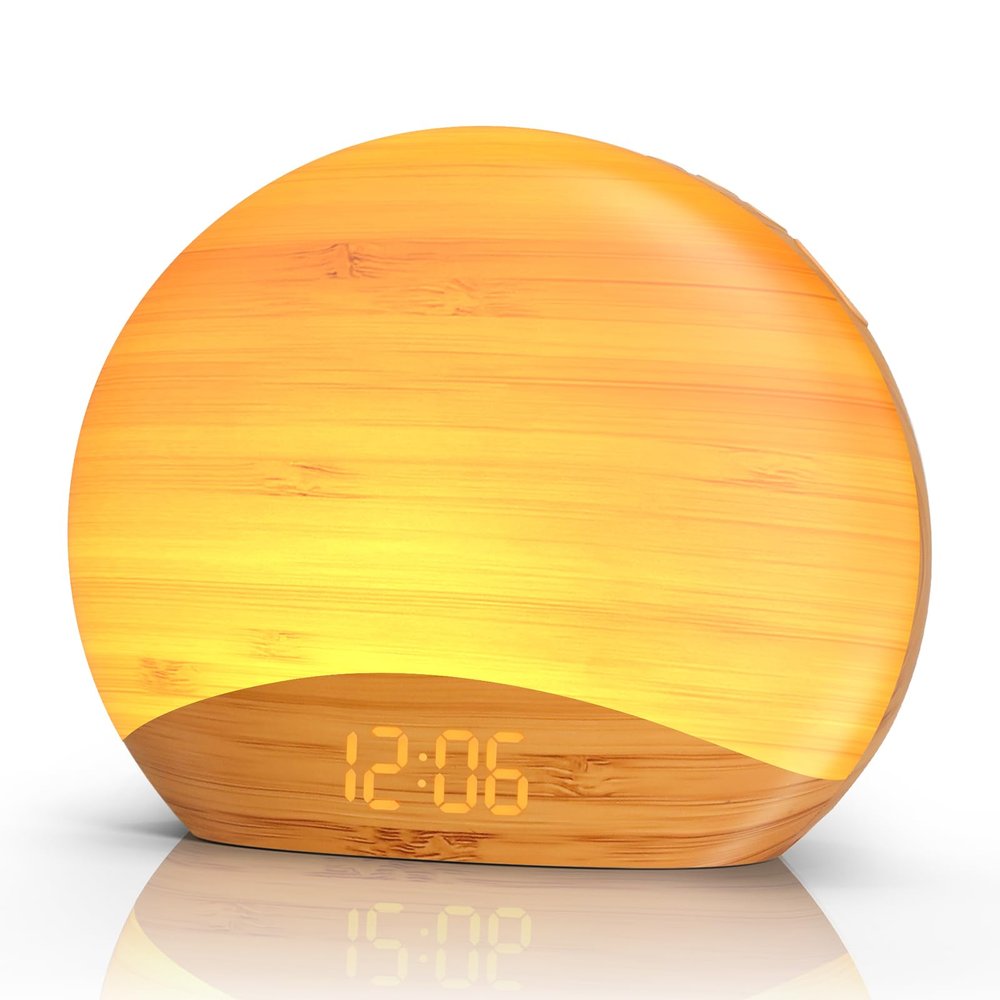REACHER Natural Wood Grain Sound Machine Sunrise Alarm Clock26 Nature Inspired Sleeping Sounds, 0-100% Dimmable Clock, Night Light,Brown/Pink/White Noise Sound Machine for Babys, Kids, Adults