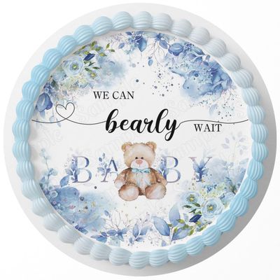 Cakecery We Can Bearly Wait Baby Boy Edible Cake Topper Sheet Image Print Round