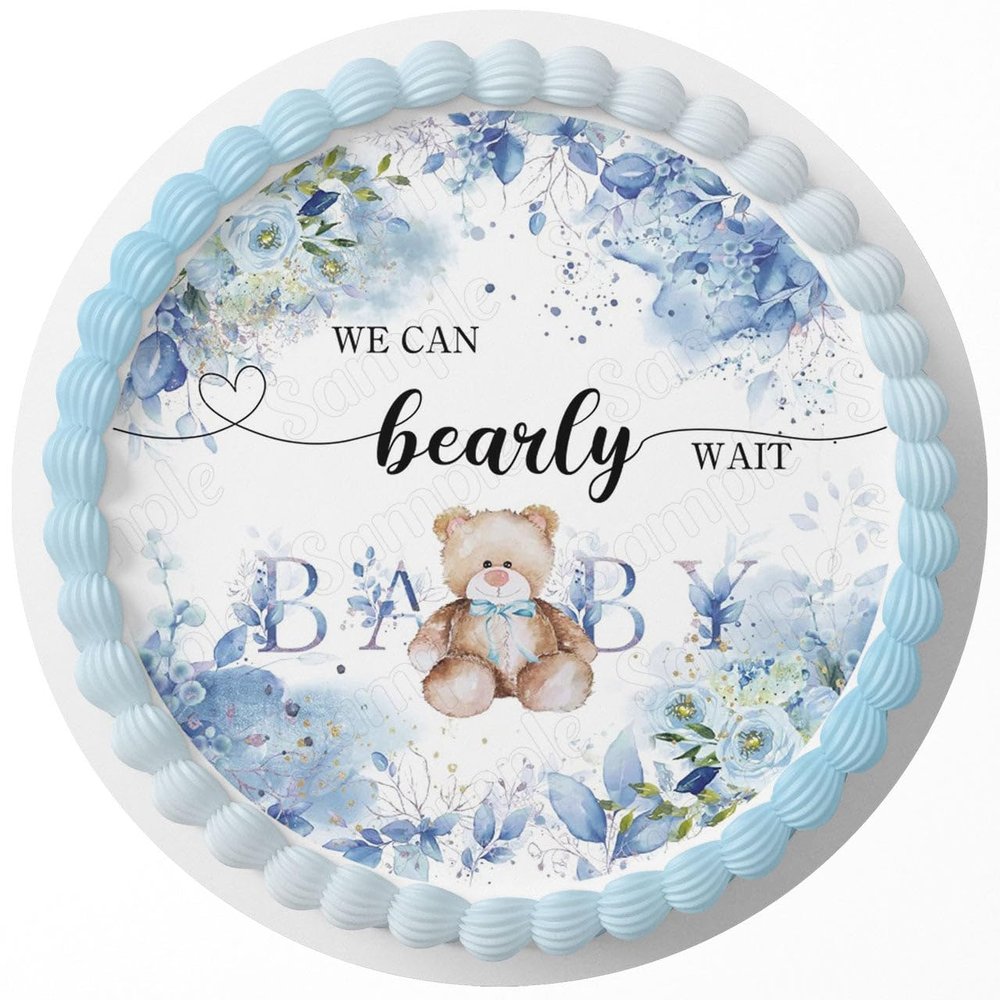 Cakecery We Can Bearly Wait Baby Boy Edible Cake Topper Sheet Image Print Round