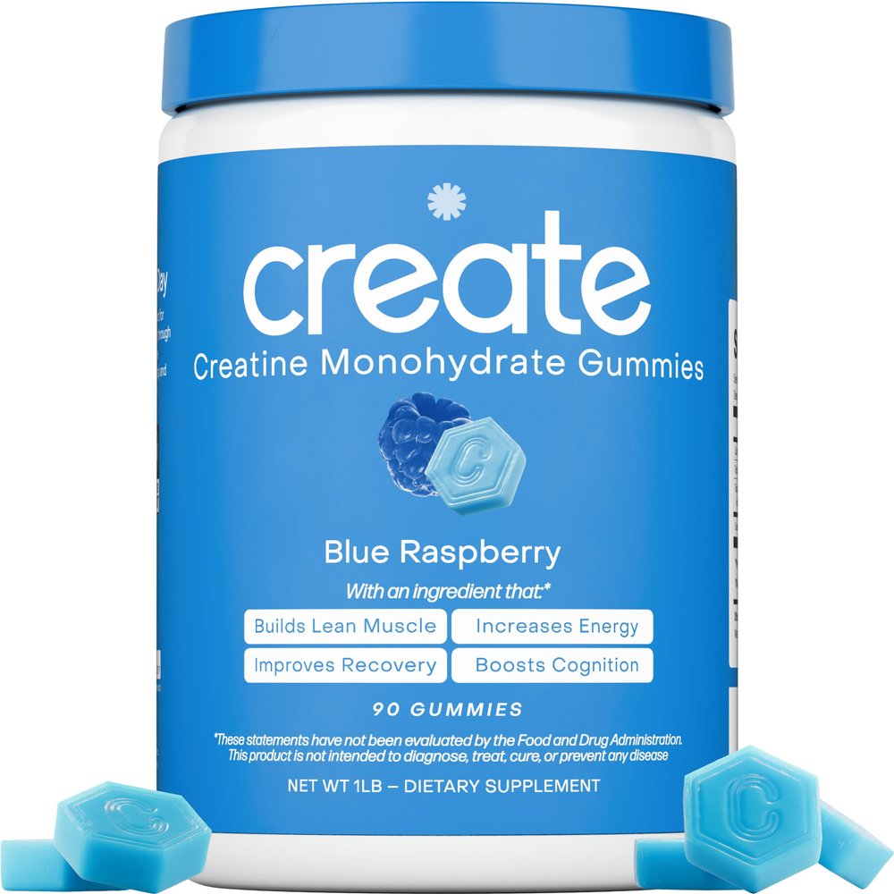 Create Creatine Monohydrate Gummies for Men & Women, Boost Focus, Strength, and Endurance, Anti-Melting Formula, Vegan, Gluten-Free, Non-GMO, 1.5g of Creatine per Gummy (Blue Raspberry)