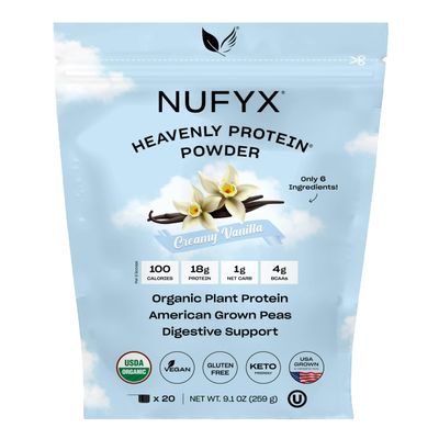 NUFYX Heavenly Protein Powder Worlds Finest 100% Organic American Grown Peas Vegan Gluten Free Low Carb (Creamy Vanilla, 20 Scoops)