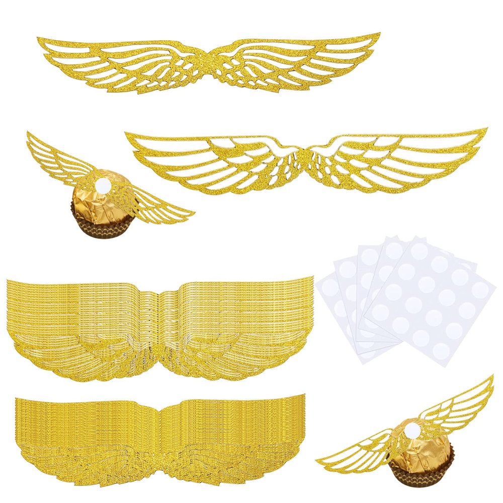 100 PCS Golden Glitter Wings Birthday Cake Toppers - Wizard Chocolate Decoration Cupcake Toppers Shiny Cake Party Decorations for Sweets, Cakes, Cupcakes