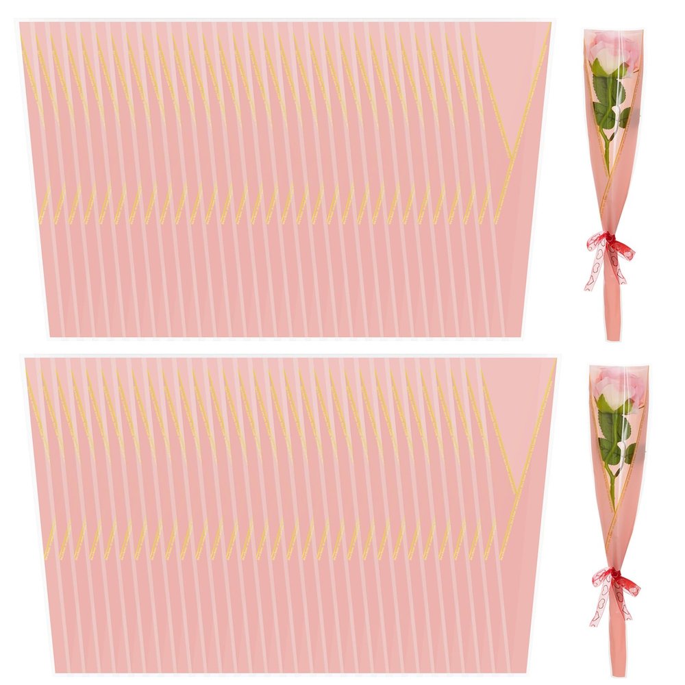 100pcs Single Rose Sleeve Flower Wrapping Paper Single Flower Packaging Bags Waterproof Single Flower Wrapping Bags Gold Edge Flower Bouquet Sleeve for Mother's Day Wedding Bouquet Valentine's Gifts