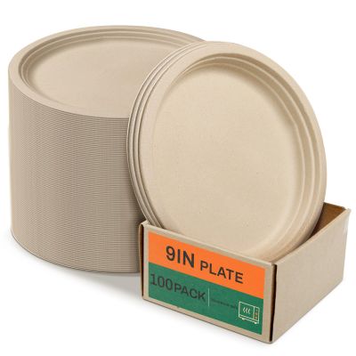 100% Compostable Plates 9 inch [100-Pack], Biodegradable Plates Heavy Duty Disposable Plate's - Eco-Friendly, Natural Unbleached Brown Dinner Paper Plate