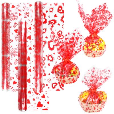 FOPINOA 3 Roll Valentine's Day Cellophane Wrap Set, 32 in x 100 ft Valentines Cellophane Wrap Clear Cellophane Wrap Roll Treat Gift Basket Red Wrapping Cellophane Paper for Valentine's Day Party Decoration