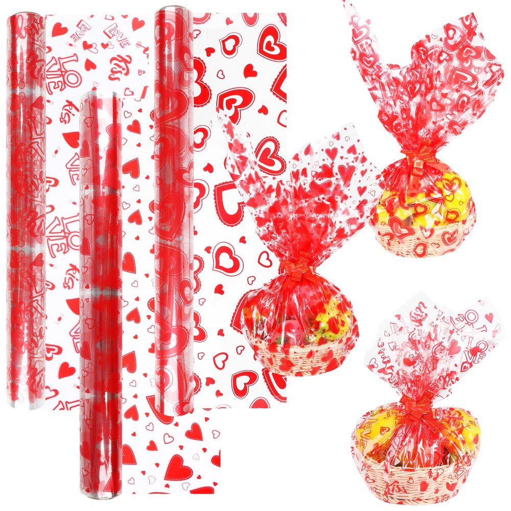 FOPINOA 3 Roll Valentine's Day Cellophane Wrap Set, 32 in x 100 ft Valentines Cellophane Wrap Clear Cellophane Wrap Roll Treat Gift Basket Red Wrapping Cellophane Paper for Valentine's Day Party Decoration