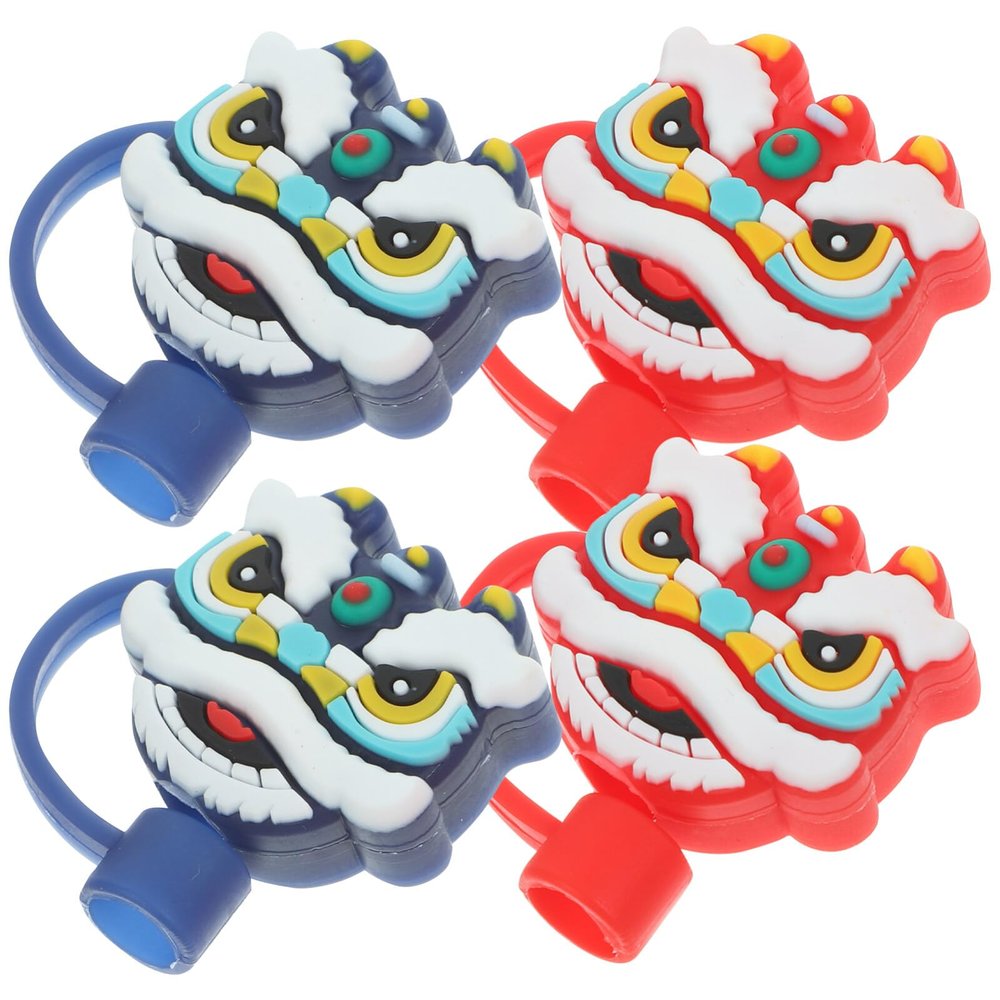 BESTOYARD 2024 Lion Dance New Year Year of The Dragon Straw Cover Straw Stopper Straw Tip Straw Cap Reusable Drinking Straw Silicone Plugs End Protectors