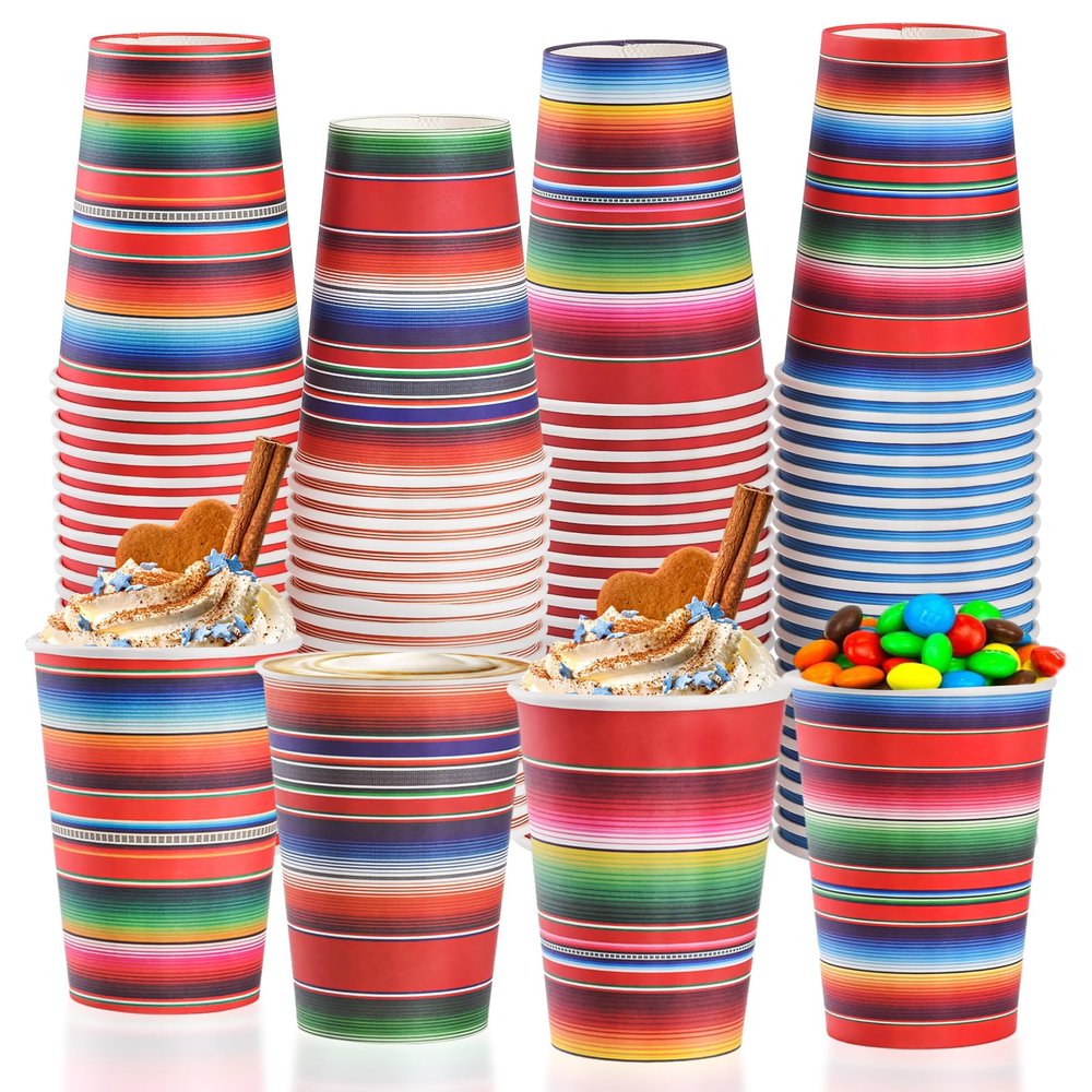 100 Pack Fiesta Paper Cups Mexican Serape Disposable Beverage Cups Cinco De Mayo Party Decorations for Mexican Fiesta Birthday Party Supplies