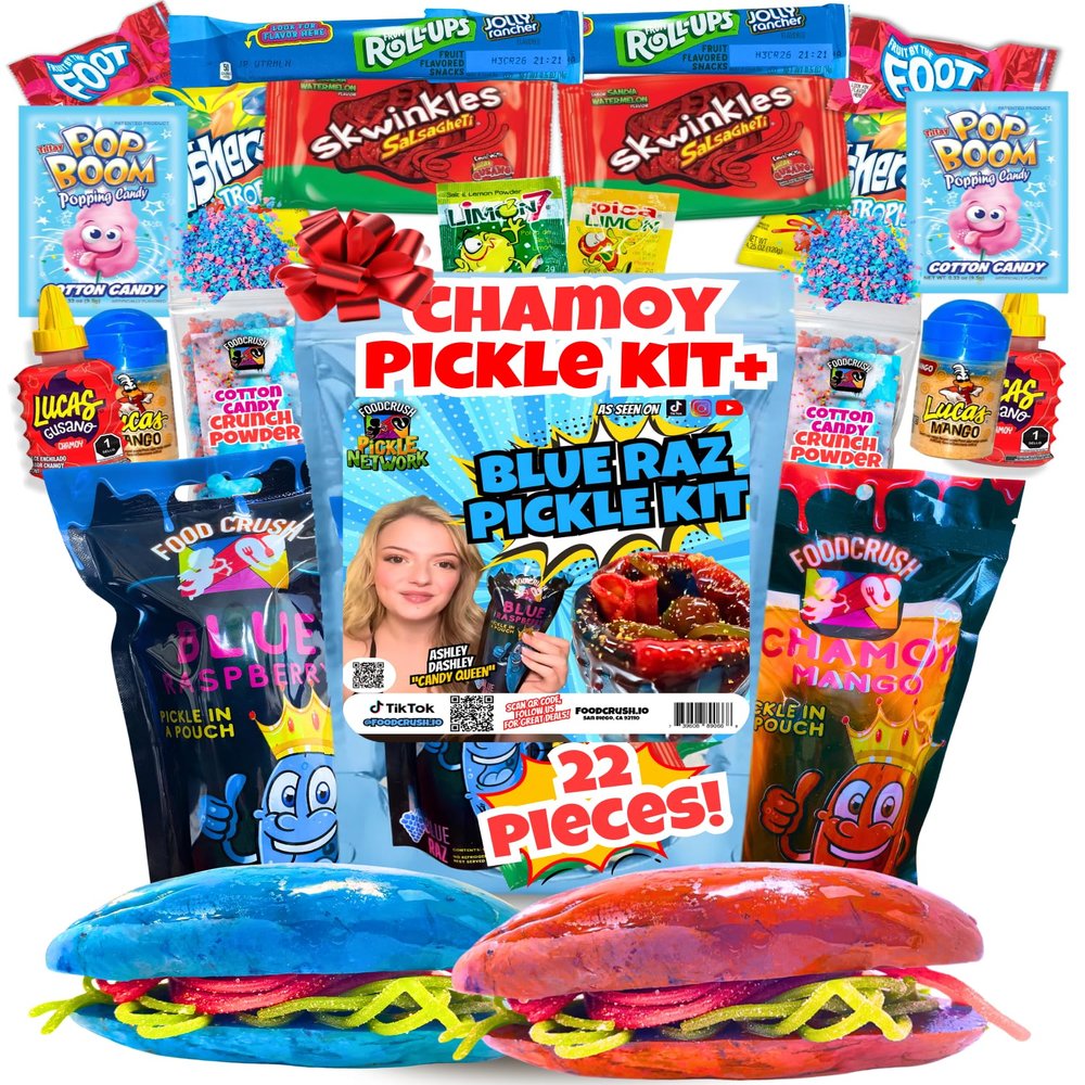 Chamoy Pickle Kit For 2 + Blue Raspberry Pickle Kit-(22 Pieces) Tiktok Candy Gift w Fruit Roll ups, skwinkles & other Mexican candy. Christmas gifts for kids, teen girl, boy