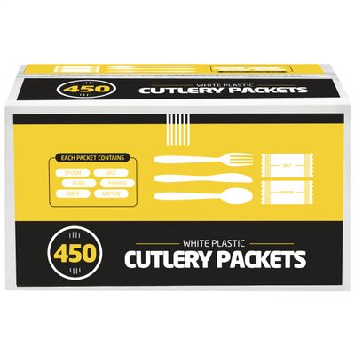 450 Packets Disposable Silverware - Cutlery Sets w/ Knife Fork Spoon Napkin Salt Pepper - Individually Wrapped, To Go