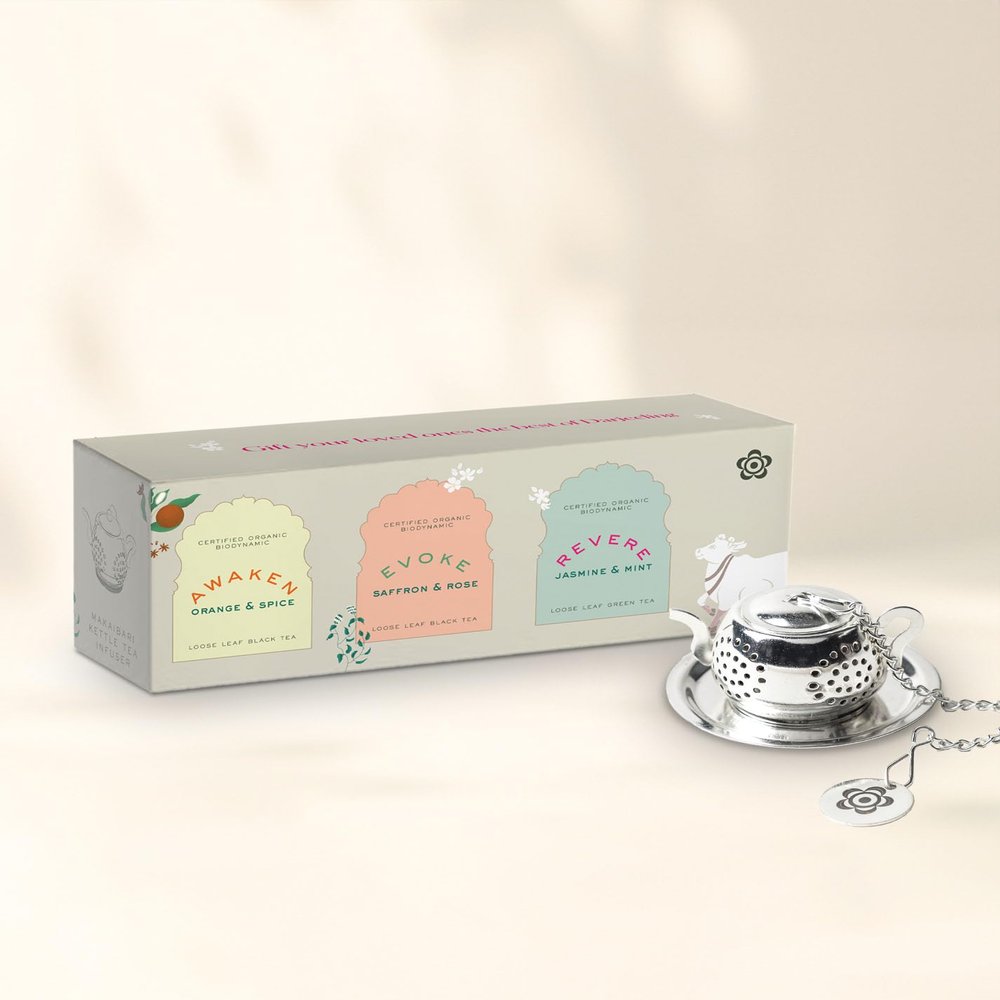 Makaibari Festive Pack Trio Assortment with Infuser : Awaken + Evoke + Revere | USDA Certified Premium Darjeeling Tea | Anti-Oxidants, Immunity Booster | Tin Caddy | 100g x 3 + Infuser
