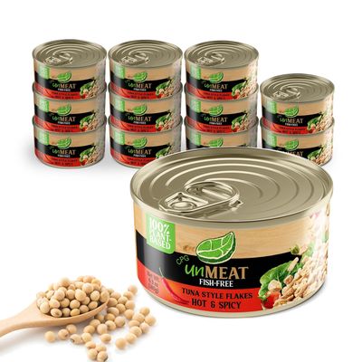 unMEAT Plant Based Tuna Style Flakes | Easy to Prepare Vegan Canned Tuna | Hot & Spicy, 12 pack