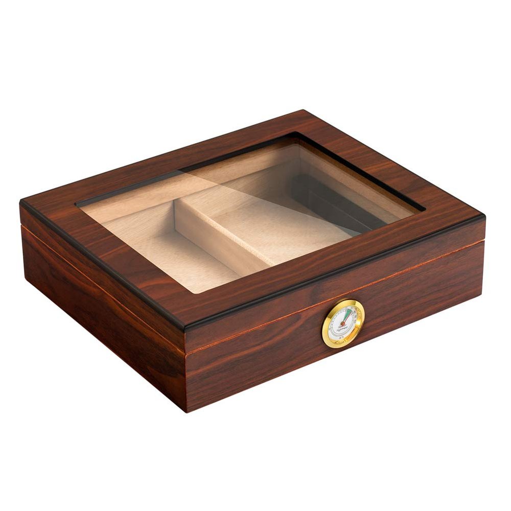 Cedar Wood Cigar Humidor, Large Glass Top Cedar Storage Box with Hygrometer and Humidifier, Cedar Lined Cigar Case Hold 25-35 Cigars (Color : Brown)