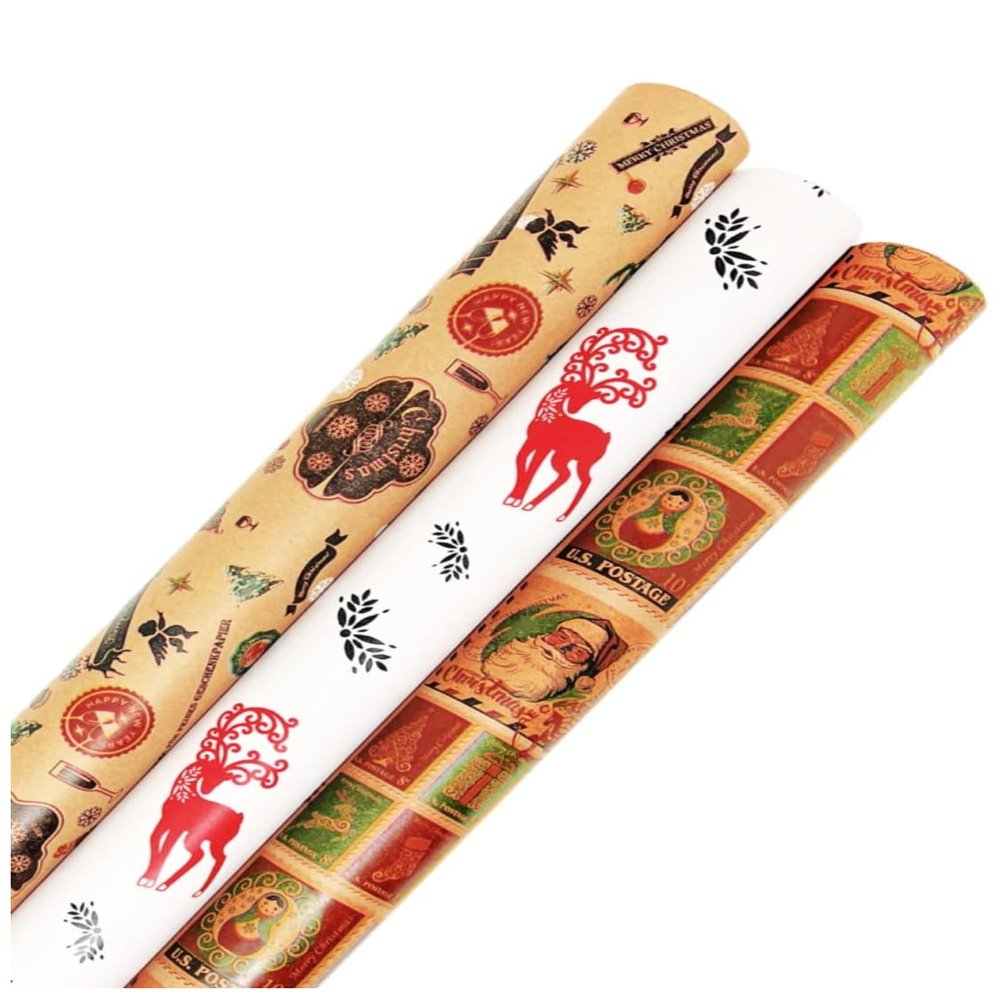 Easy-to-Use Premium Vintage Christmas Wrapping Paper  Retro Brown Kraft, 3 Rolls Featuring Festive Reindeer, Holiday Emblems & Vintage Stamps  Perfect for Gifts & Holiday Cheer - Made in USA