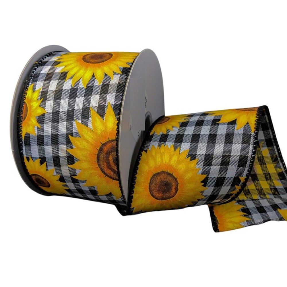 10 Yards Black White Gingham Yellow Sunflower Wire Edge Ribbon, Sunflower Wired Ribbon, Ribbon for Wreaths, Garden Ribbon, Wired Ribbon, 2.5 Wide Ribbon