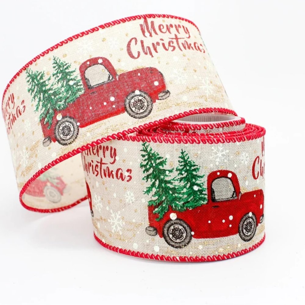 10 Yards Merry Christmas Rustic Truck Wired Ribbon, Red Truck Ribbon, Rustic Truck Ribbon, Christmas Ribbon, 2.5 Wide Wire Ribbon, Ribbon for Wreaths