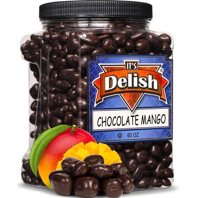 Dark Chocolate Covered Dried Mango by It's Delish, 3.75 LBS Jumbo Container | Gourmet Chocolate Covered Mango Bits Fruit Snacks Bulk Chocolate Candy Treats | Vegan, Non-Dairy, Kosher