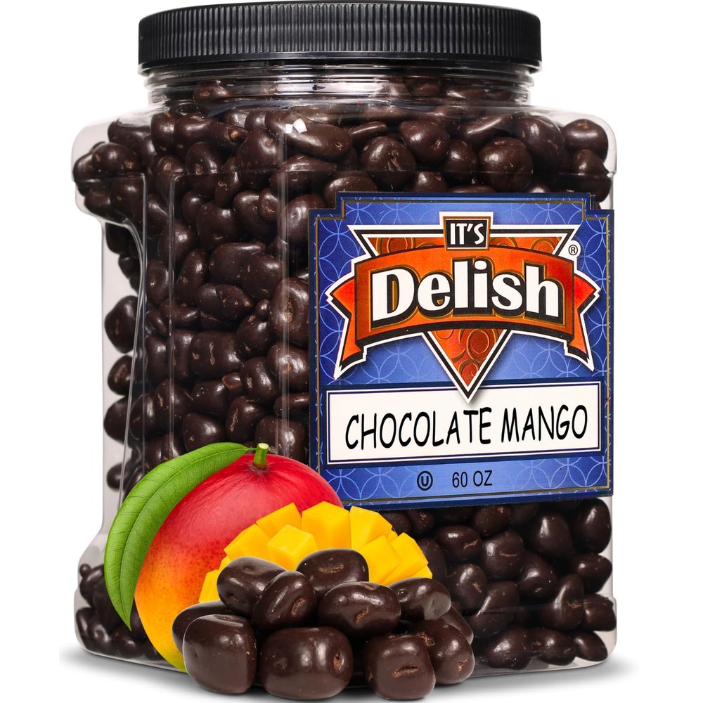 Dark Chocolate Covered Dried Mango by It's Delish, 3.75 LBS Jumbo Container | Gourmet Chocolate Covered Mango Bits Fruit Snacks Bulk Chocolate Candy Treats | Vegan, Non-Dairy, Kosher