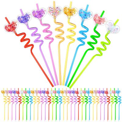 40 Pcs Valentine's Day Heart Glitter Straws Heart Shaped Sparkly Plastic Reusable Drinking Straws Cute Straw Crazy Loop Goodie Gifts for Exchange Prizes Valentines Galentines Wedding Party Supplies