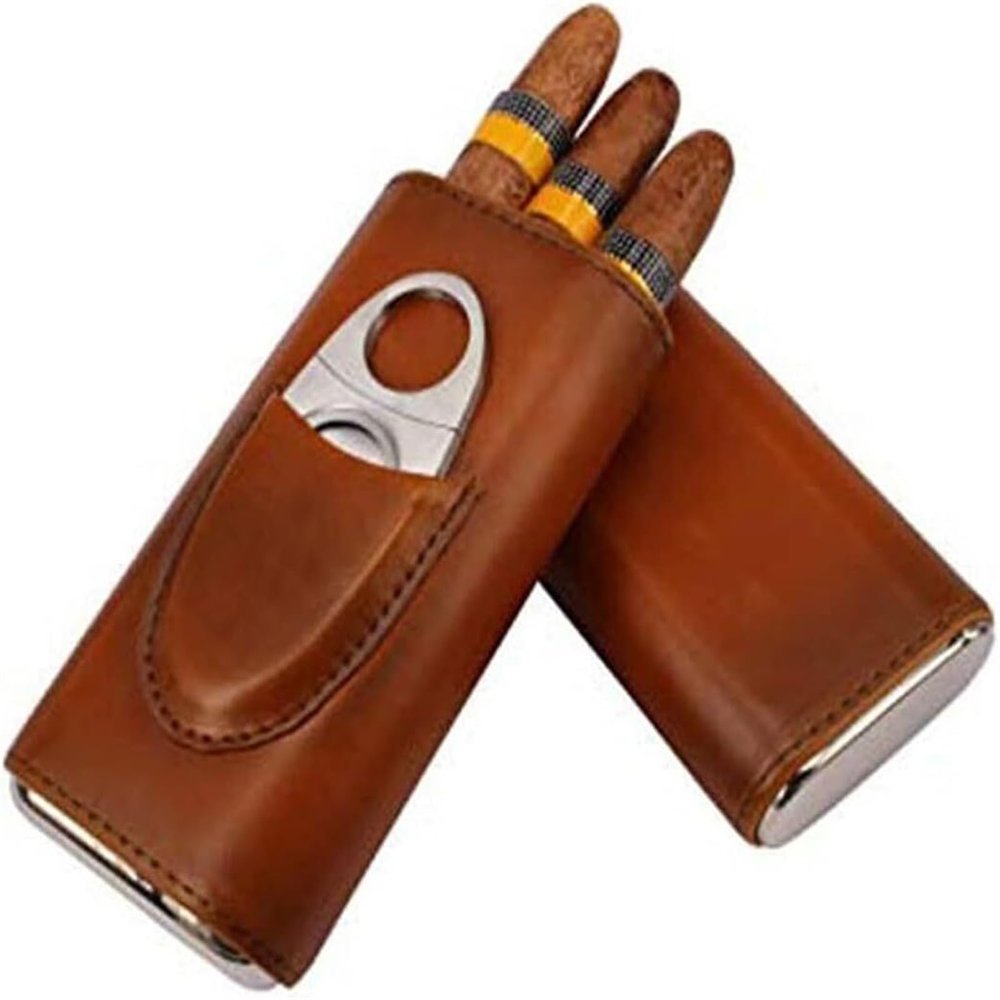 AtEEco Portable Cigar Humidor Cigar Cutter Combo Leather Travel Cigar Case 3 Finger Cedar Wood Mini Cigar Tube, Brown