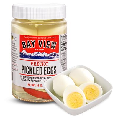 Bay View Pickled Eggs, No Artificial Ingredients, Gluten Free, 0g Sugar, 6g Protein, Fresh Grade A Eggs, Boiled and Peeled (16oz, Red Hot)