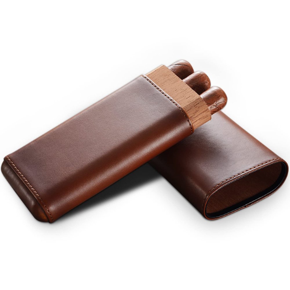 AtEEco Cigar Leather Case Portable Cedar Wood Cigar Humidors Travel Cigar Box