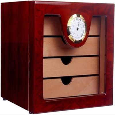 AtEEco 4 Drawers High Glossy Finish Wooden Cigar Cabinet Humidor Storage Box Electronic Hygrometer Humidors