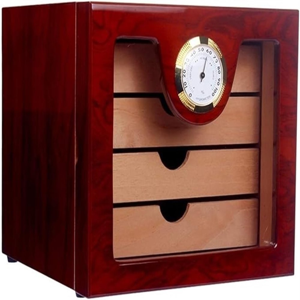 AtEEco 4 Drawers High Glossy Finish Wooden Cigar Cabinet Humidor Storage Box Electronic Hygrometer Humidors
