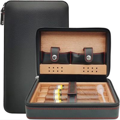 AtEEco Cigar Humidors Leather Cigar Box Lined Cedar Wood Portable Travel Cigar Case (Color : Black)