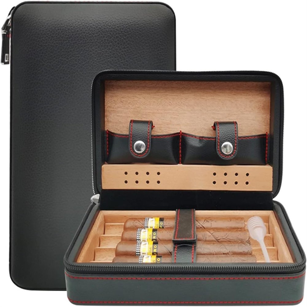 AtEEco Cigar Humidors Leather Cigar Box Lined Cedar Wood Portable Travel Cigar Case (Color : Black)