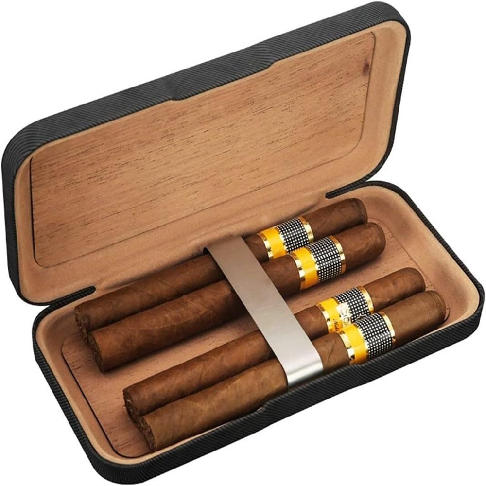 AtEEco Cigar Humidor Case 5 Cigar Case Portable Cedar Wood Carbon Fiber Travel Humidor
