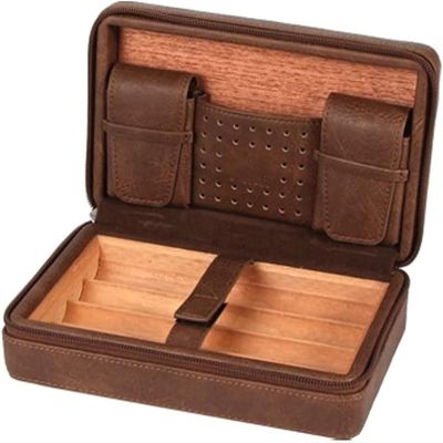 AtEEco Cigar Humidor Case, Cedar Wood Portable Cigar Travel Leather Humidor Box with Humidifier, Removable Cedar Tray